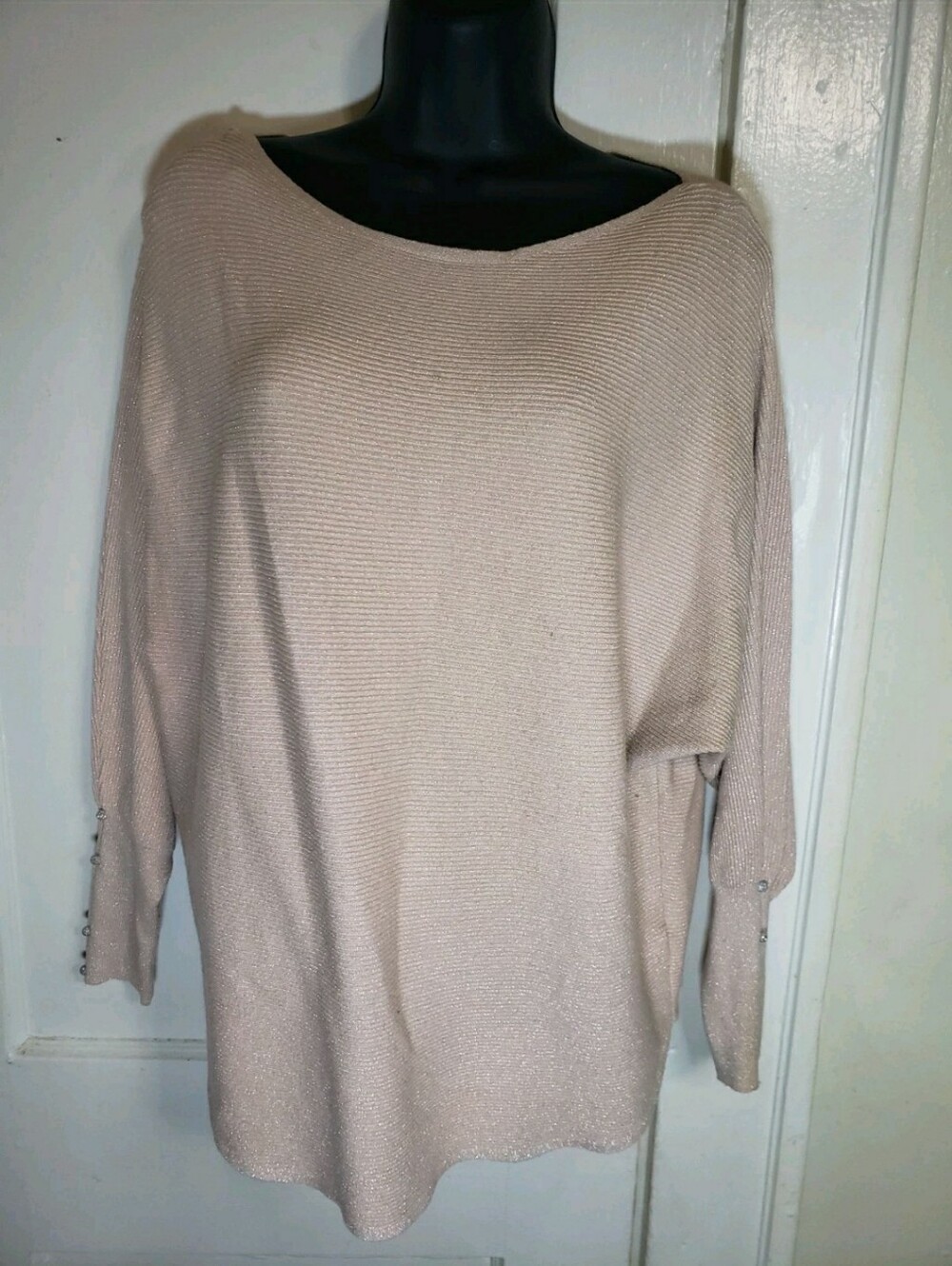Vila Milano Sweater Womens Large Pink Metallic Knit Shimmer Cuff Button Pullover